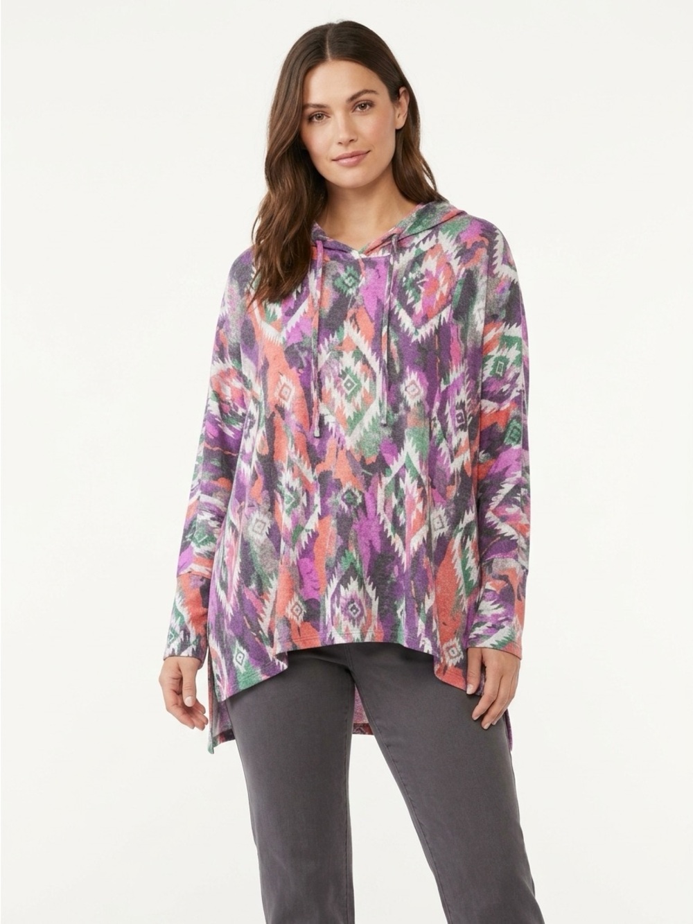 Dear Scarlett Hooded Tunic Aztec Ikat Print Oversized Knit Top Plus XL 18–20